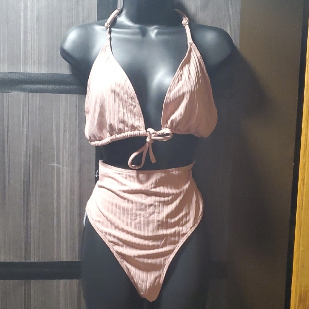 Ribbed High-Waist Bikini Set in Dusty Rose